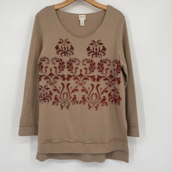 Chico’s 1 Zenergy womens Applique Top Tunic Tan Long Sleeve cotton size medium - Picture 3 of 7